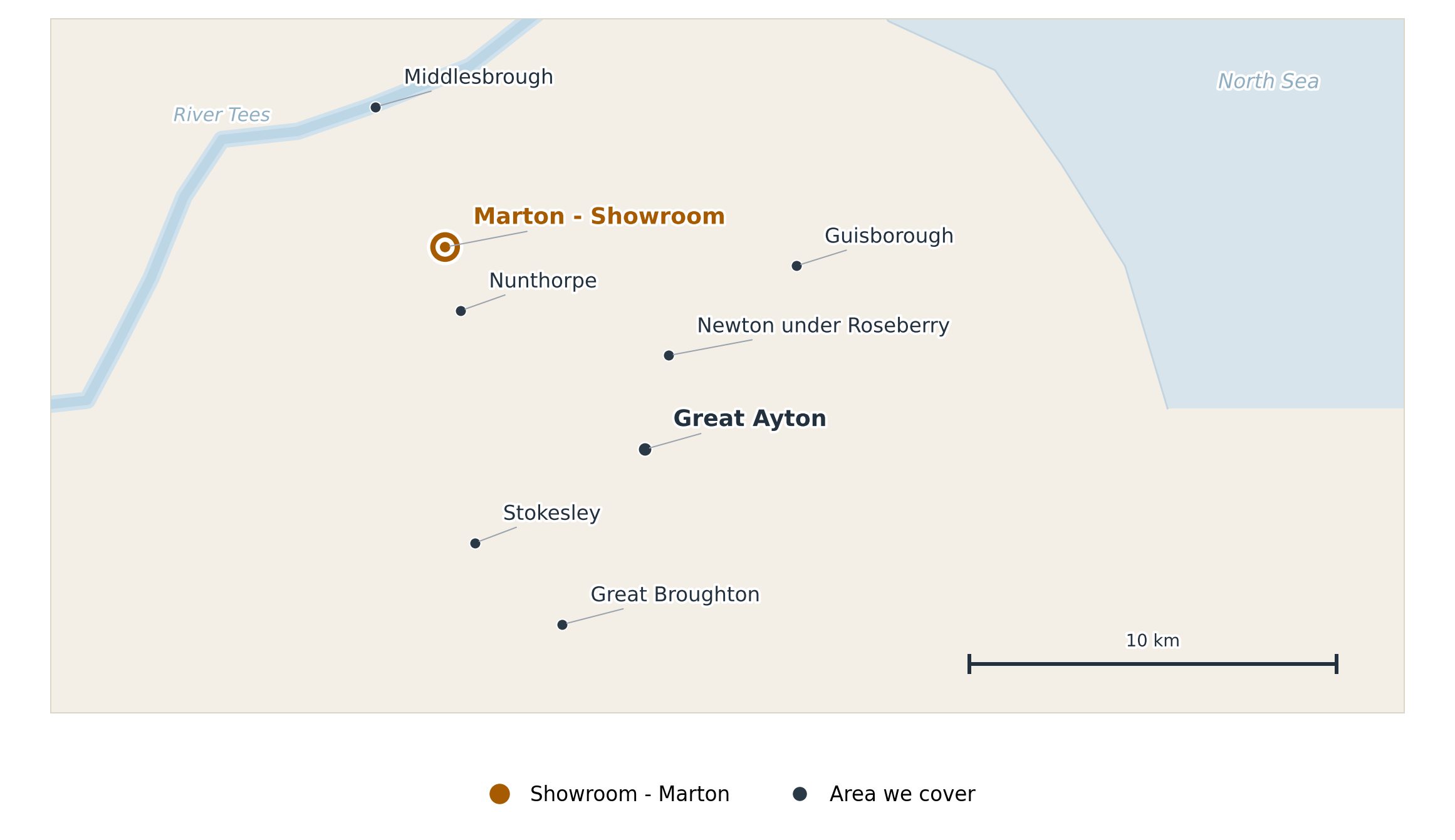 Map showing the great ayton areas covered by endeavour windows, including stokesley, nunthorpe, guisborough and great broughton, with the marton showroom
