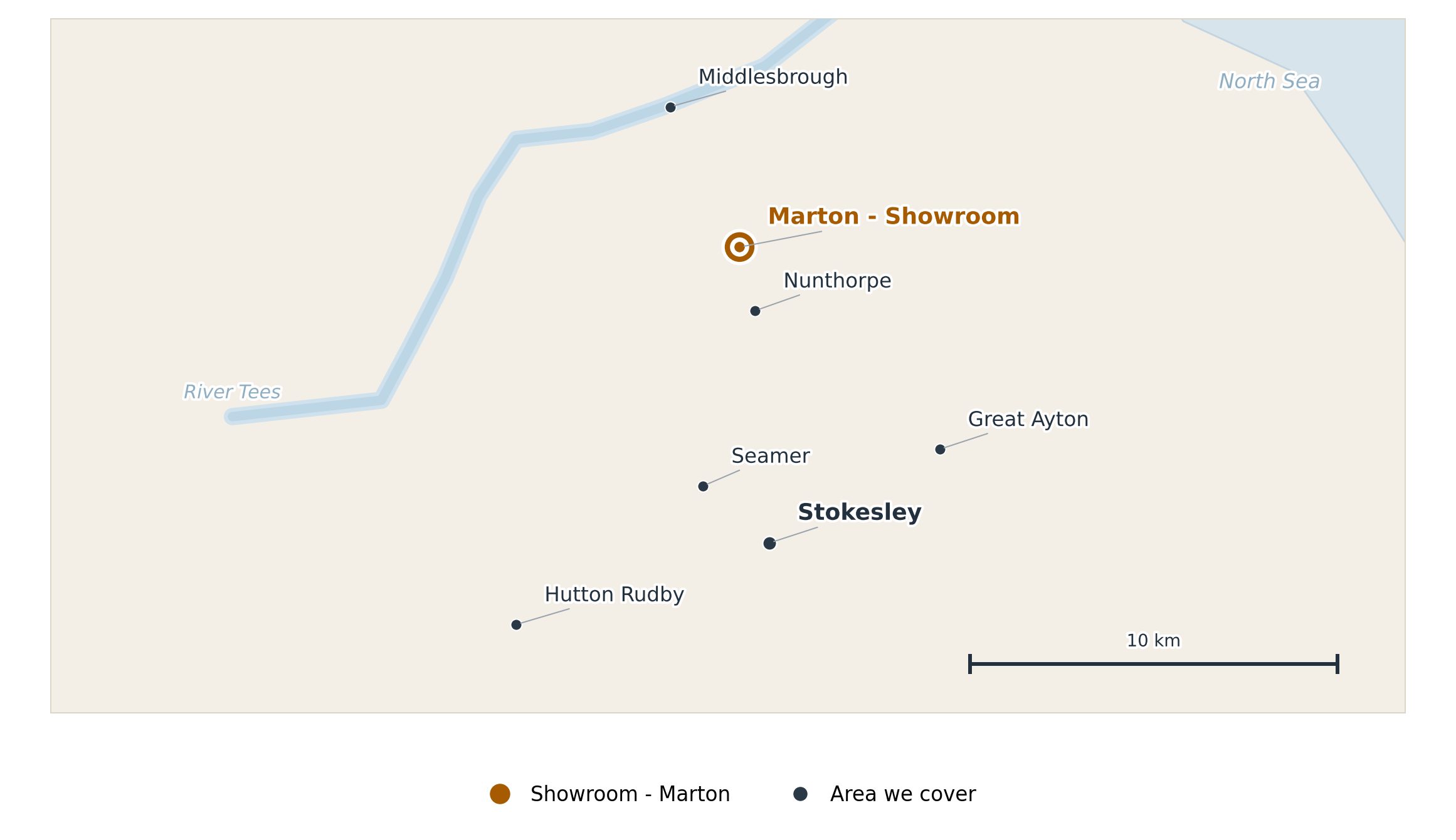 Map showing the stokesley areas covered by endeavour windows, including great ayton, hutton rudby, seamer and nunthorpe, with the marton showroom