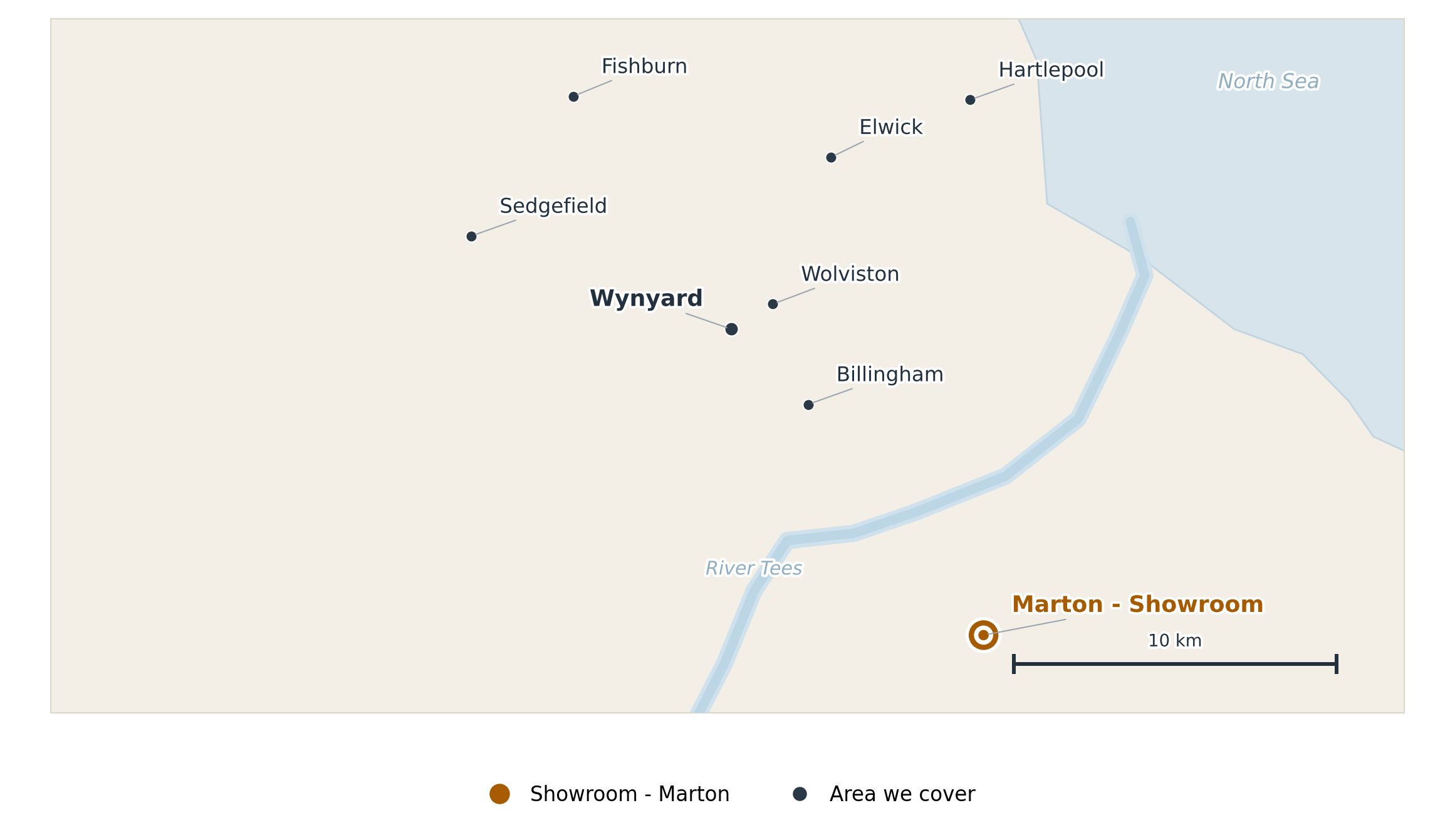 Map showing the wynyard areas covered by endeavour windows, including wolviston, billingham, sedgefield and elwick, with the marton showroom