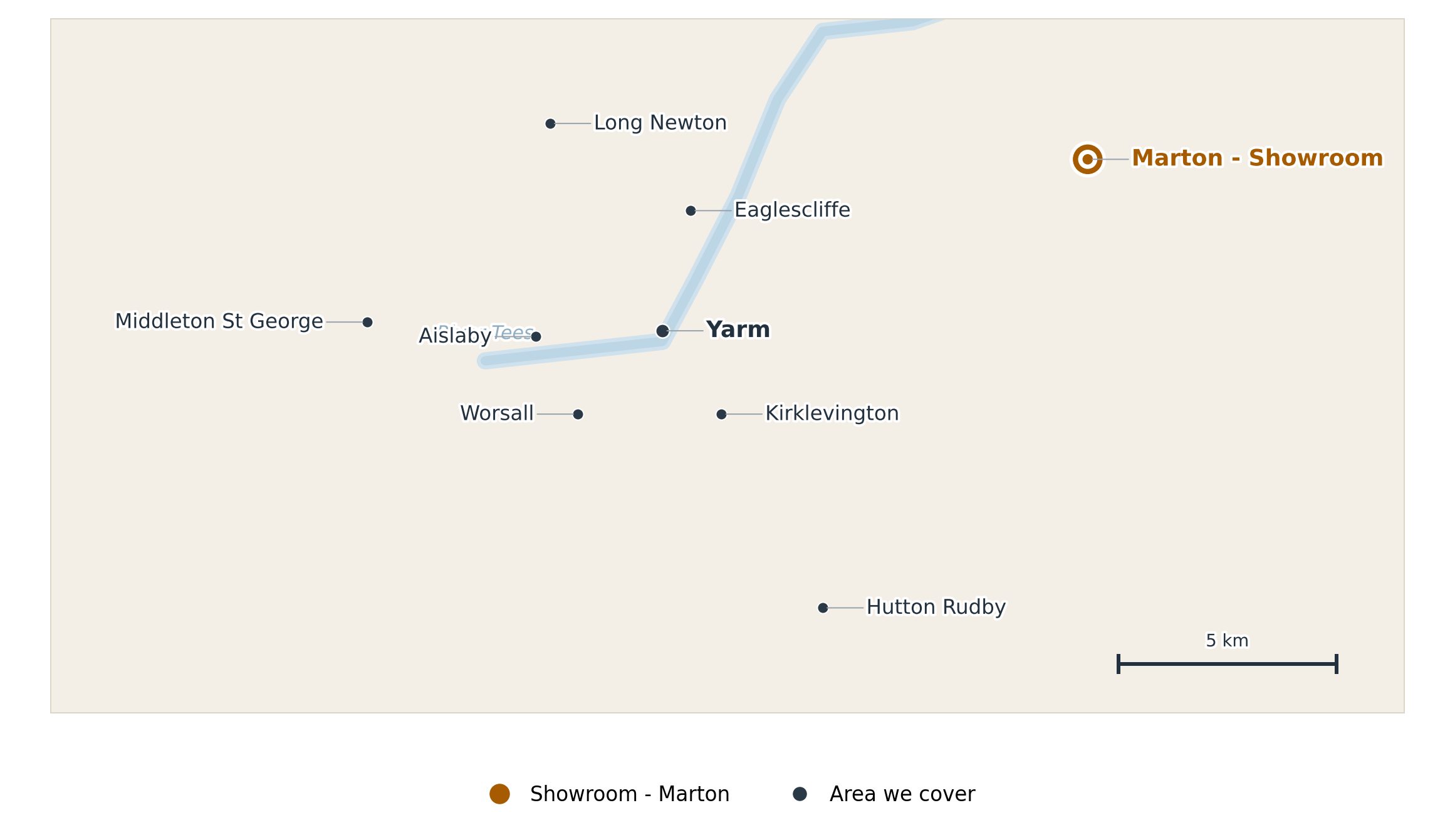 Map showing the yarm areas covered by endeavour windows, including eaglescliffe, kirklevington, worsall and hutton rudby, with the marton showroom